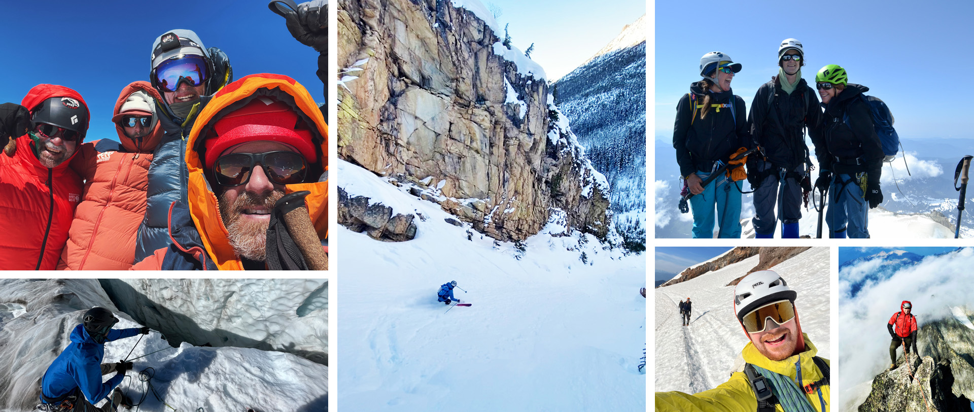 A collage of photos featuring guides and clients climbing mountains and skiing.